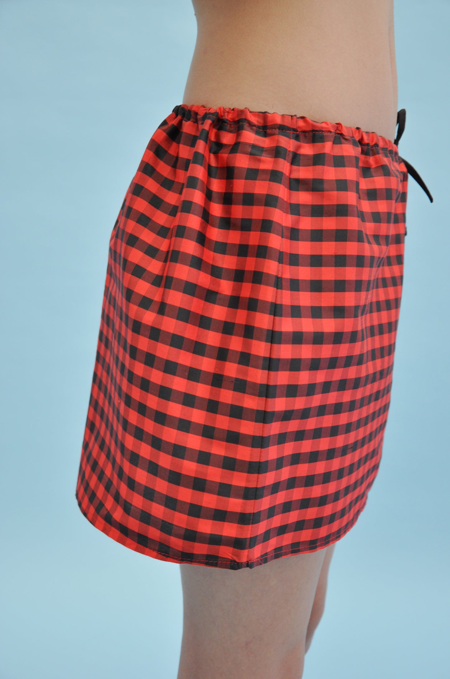 Drawstring Mini Skirt in Gingham, Red and Brown