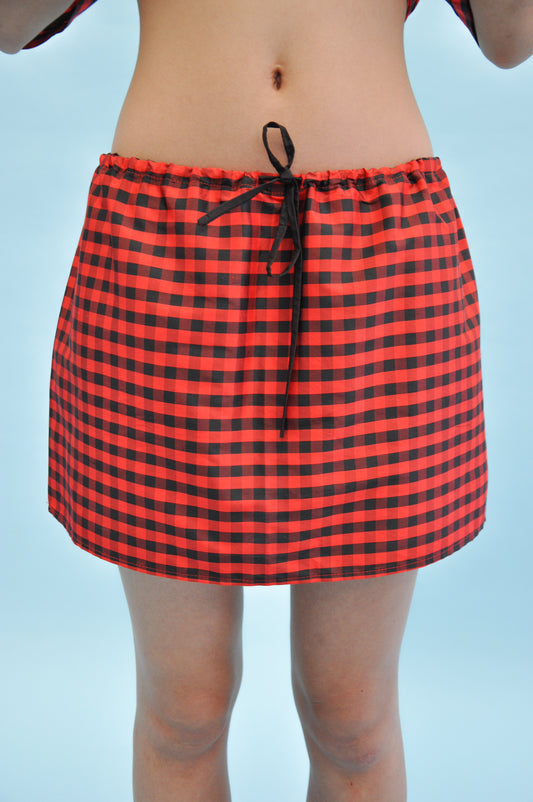 Drawstring Mini Skirt in Gingham, Red and Brown